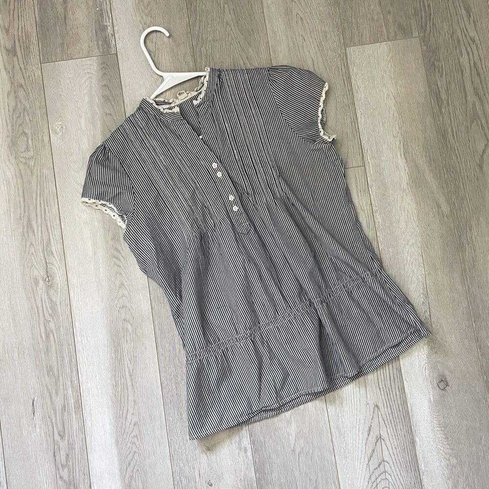 Striped Prairie Top pintuck lace womens Navy Blue (small) cottagecore romantic